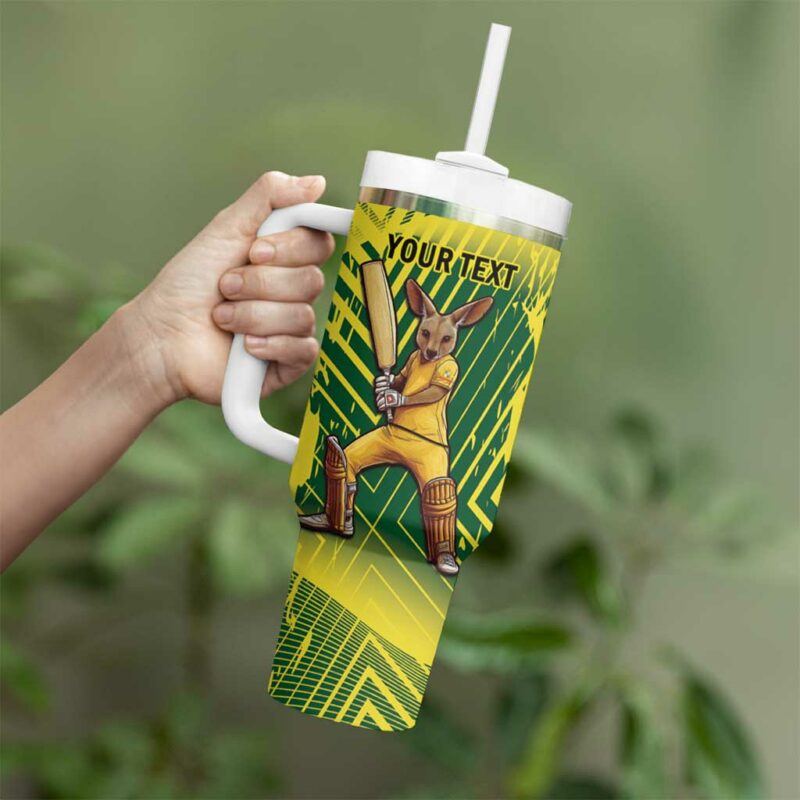 Australia Cricket Aussie Baggy Greens ‚Äì Kangaroo Mascot Style Custom Stanley Quencher 40oz Stainless Steel Tumbler With Handle - Threewoofs - Image 4
