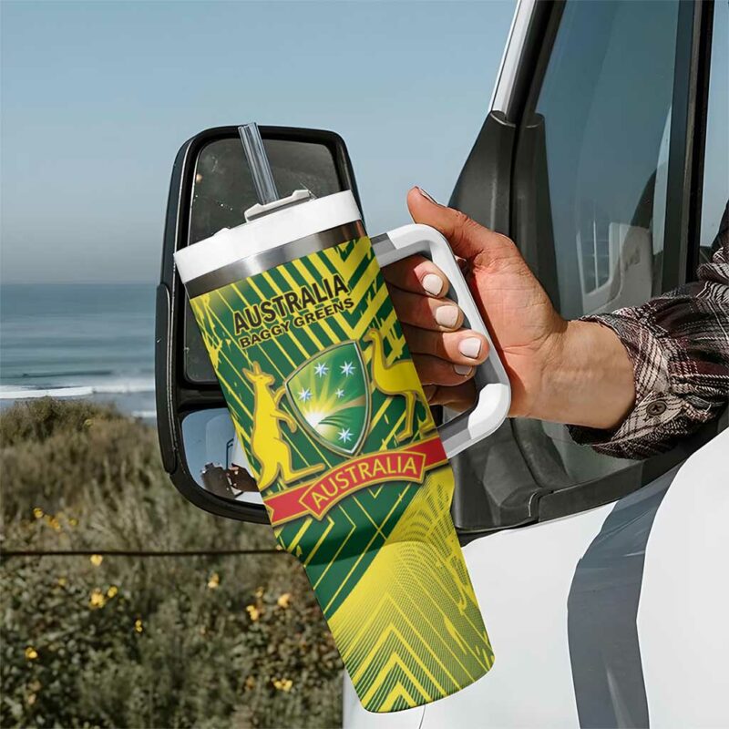 Australia Cricket Aussie Baggy Greens ‚Äì Kangaroo Mascot Style Custom Stanley Quencher 40oz Stainless Steel Tumbler With Handle - Threewoofs - Image 7