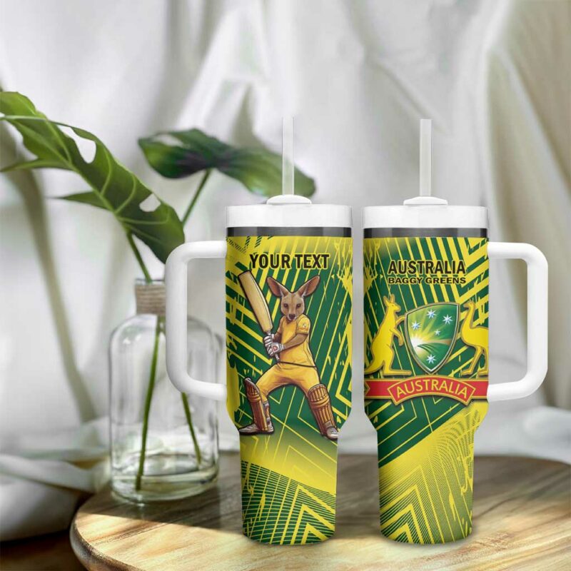 Australia Cricket Aussie Baggy Greens ‚Äì Kangaroo Mascot Style Custom Stanley Quencher 40oz Stainless Steel Tumbler With Handle - Threewoofs - Image 9