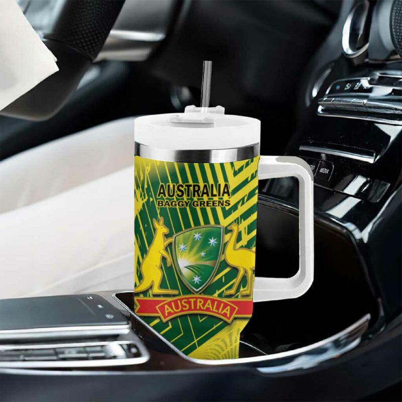 Australia Cricket Aussie Baggy Greens ‚Äì Kangaroo Mascot Style Custom Stanley Quencher 40oz Stainless Steel Tumbler With Handle - Threewoofs - Image 8