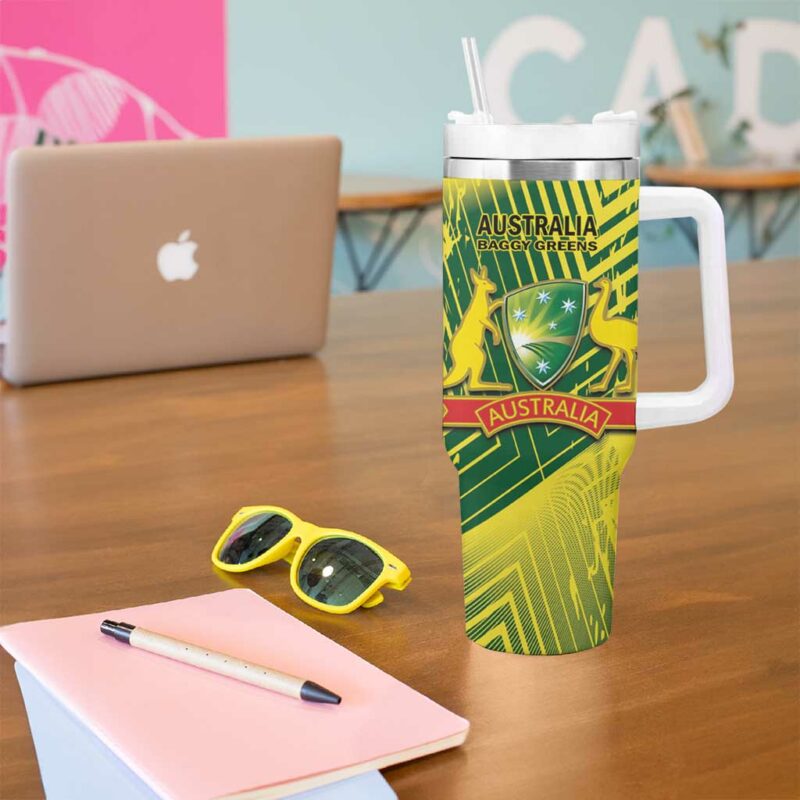 Australia Cricket Aussie Baggy Greens ‚Äì Kangaroo Mascot Style Custom Stanley Quencher 40oz Stainless Steel Tumbler With Handle - Threewoofs - Image 5