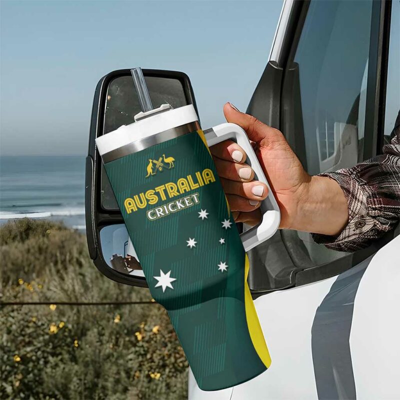 Australia Cricket GO Aussie ‚Äì Modern Motif Custom Stanley Quencher 40oz Stainless Steel Tumbler With Handle - Threewoofs - Image 7