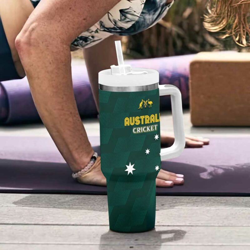 Australia Cricket GO Aussie ‚Äì Modern Motif Custom Stanley Quencher 40oz Stainless Steel Tumbler With Handle - Threewoofs - Image 6