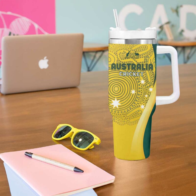 Australia Cricket Indigenous Aboriginal Arts GO Aussie Custom Stanley Quencher 40oz Stainless Steel Tumbler With Handle - Threewoofs - Image 5