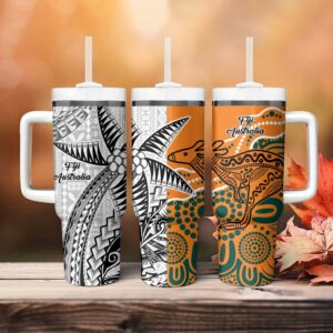 Australia-Fiji Palm and Kangaroo Polynesia Tapa Mixed Indigenous Aboriginal Custom Stanley Quencher 40oz Stainless Steel Tumbler With Handle - Threewoofs
