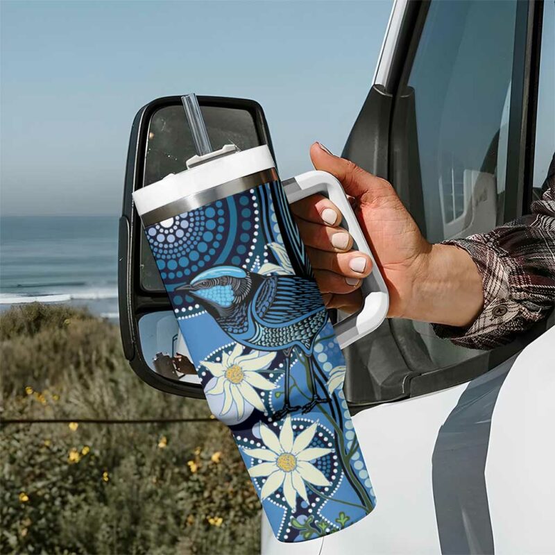 Australia Flannel Flower With Superb Fairy-wren Aboriginal Art Custom Stanley Quencher 40oz Stainless Steel Tumbler With Handle - Threewoofs - Image 7