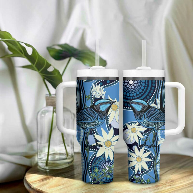 Australia Flannel Flower With Superb Fairy-wren Aboriginal Art Custom Stanley Quencher 40oz Stainless Steel Tumbler With Handle - Threewoofs - Image 9