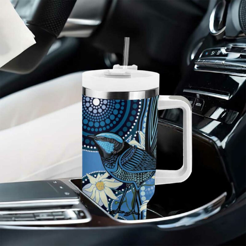 Australia Flannel Flower With Superb Fairy-wren Aboriginal Art Custom Stanley Quencher 40oz Stainless Steel Tumbler With Handle - Threewoofs - Image 8