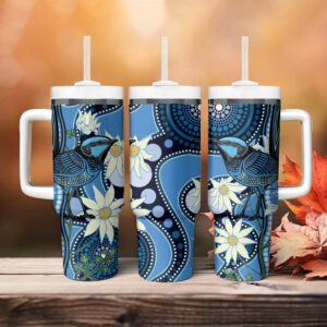 Australia Flannel Flower With Superb Fairy-wren Aboriginal Art Custom Stanley Quencher 40oz Stainless Steel Tumbler With Handle - Threewoofs