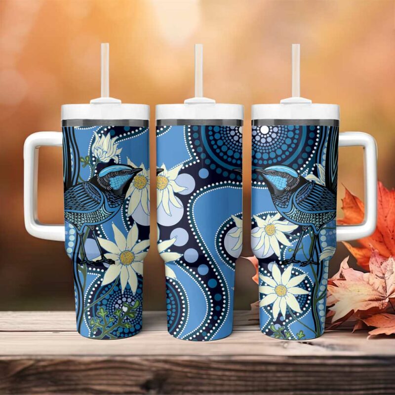 Australia Flannel Flower With Superb Fairy-wren Aboriginal Art Custom Stanley Quencher 40oz Stainless Steel Tumbler With Handle - Threewoofs