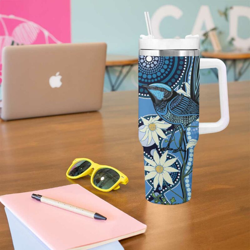 Australia Flannel Flower With Superb Fairy-wren Aboriginal Art Custom Stanley Quencher 40oz Stainless Steel Tumbler With Handle - Threewoofs - Image 5