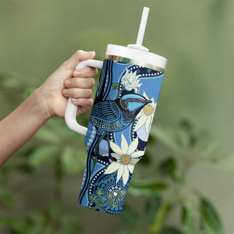 Australia Flannel Flower With Superb Fairy-wren Aboriginal Art Custom Stanley Quencher 40oz Stainless Steel Tumbler With Handle - Threewoofs - Image 4
