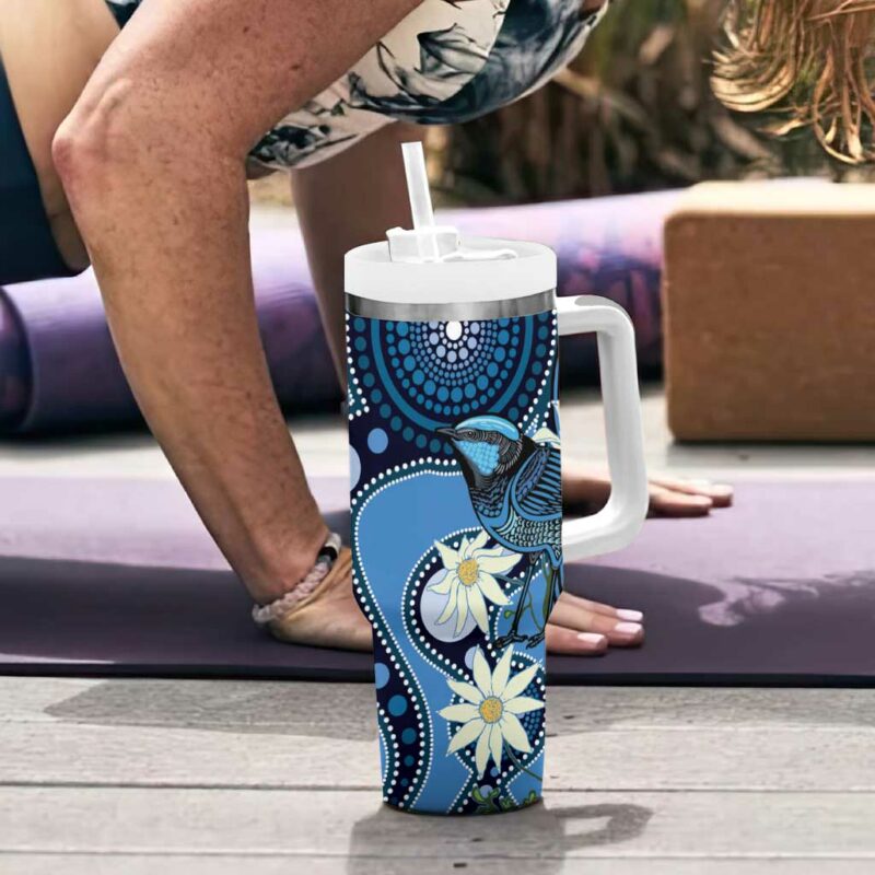Australia Flannel Flower With Superb Fairy-wren Aboriginal Art Custom Stanley Quencher 40oz Stainless Steel Tumbler With Handle - Threewoofs - Image 6