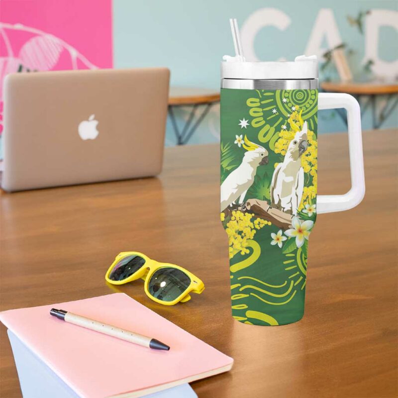 Australia Golden Wattle With Cacatua Galerita Aboriginal Art Custom Stanley Quencher 40oz Stainless Steel Tumbler With Handle - Threewoofs - Image 5