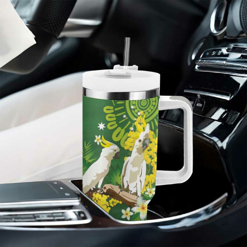 Australia Golden Wattle With Cacatua Galerita Aboriginal Art Custom Stanley Quencher 40oz Stainless Steel Tumbler With Handle - Threewoofs - Image 8