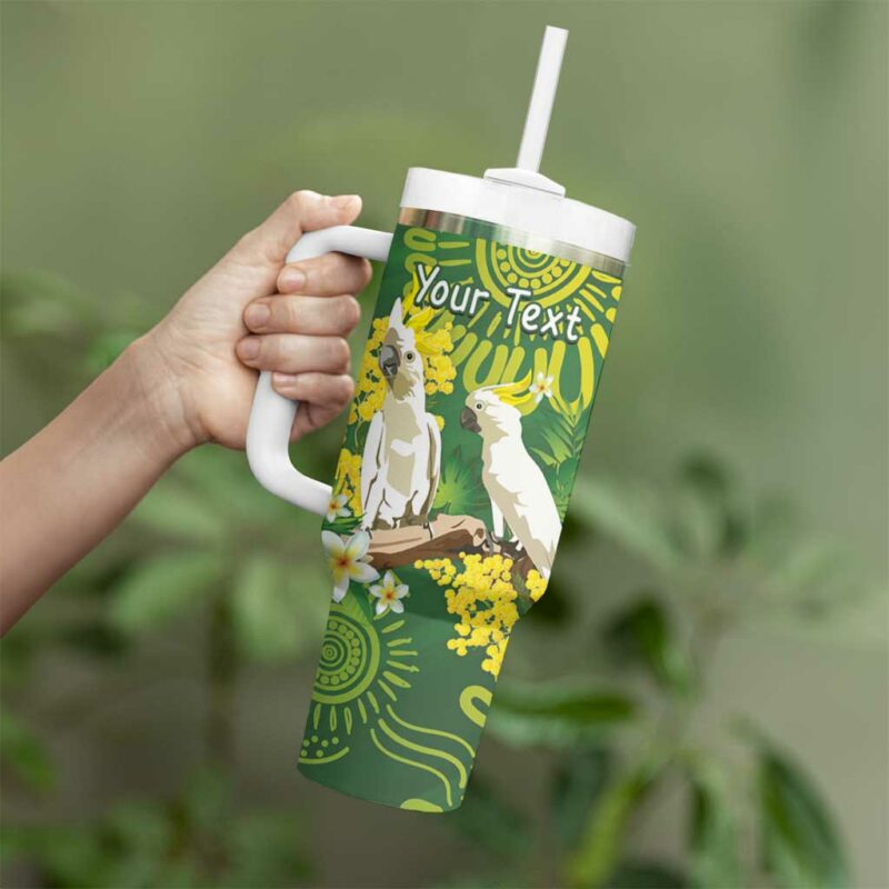 Australia Golden Wattle With Cacatua Galerita Aboriginal Art Custom Stanley Quencher 40oz Stainless Steel Tumbler With Handle - Threewoofs - Image 4