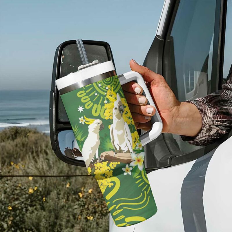 Australia Golden Wattle With Cacatua Galerita Aboriginal Art Custom Stanley Quencher 40oz Stainless Steel Tumbler With Handle - Threewoofs - Image 7