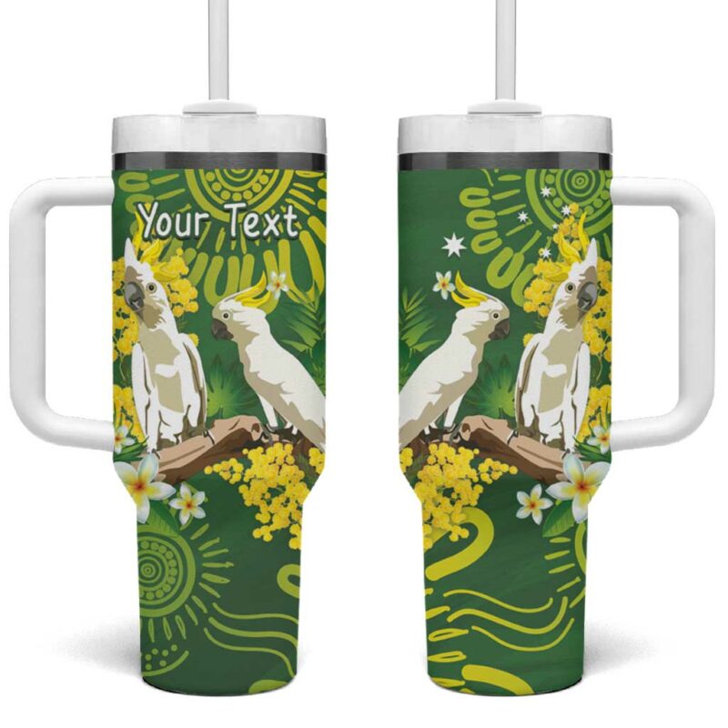 Australia Golden Wattle With Cacatua Galerita Aboriginal Art Custom Stanley Quencher 40oz Stainless Steel Tumbler With Handle - Threewoofs - Image 2