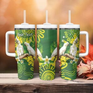 Australia Golden Wattle With Cacatua Galerita Aboriginal Art Custom Stanley Quencher 40oz Stainless Steel Tumbler With Handle - Threewoofs
