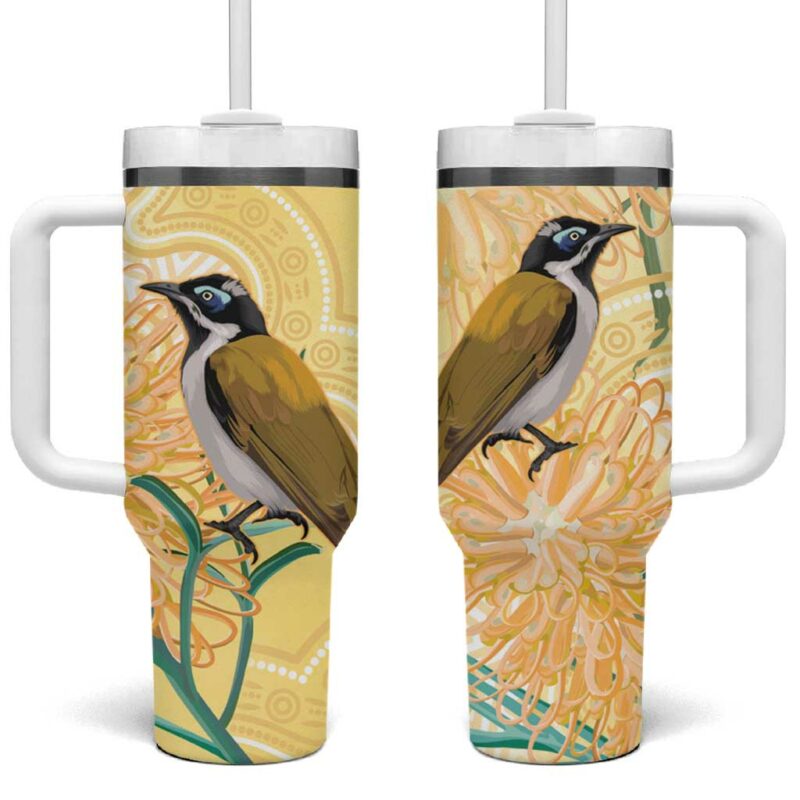 Australia Grevillea And Honeyeaters Aboriginal Art ‚Äì Watercolor Style Custom Stanley Quencher 40oz Stainless Steel Tumbler With Handle - Threewoofs - Image 2