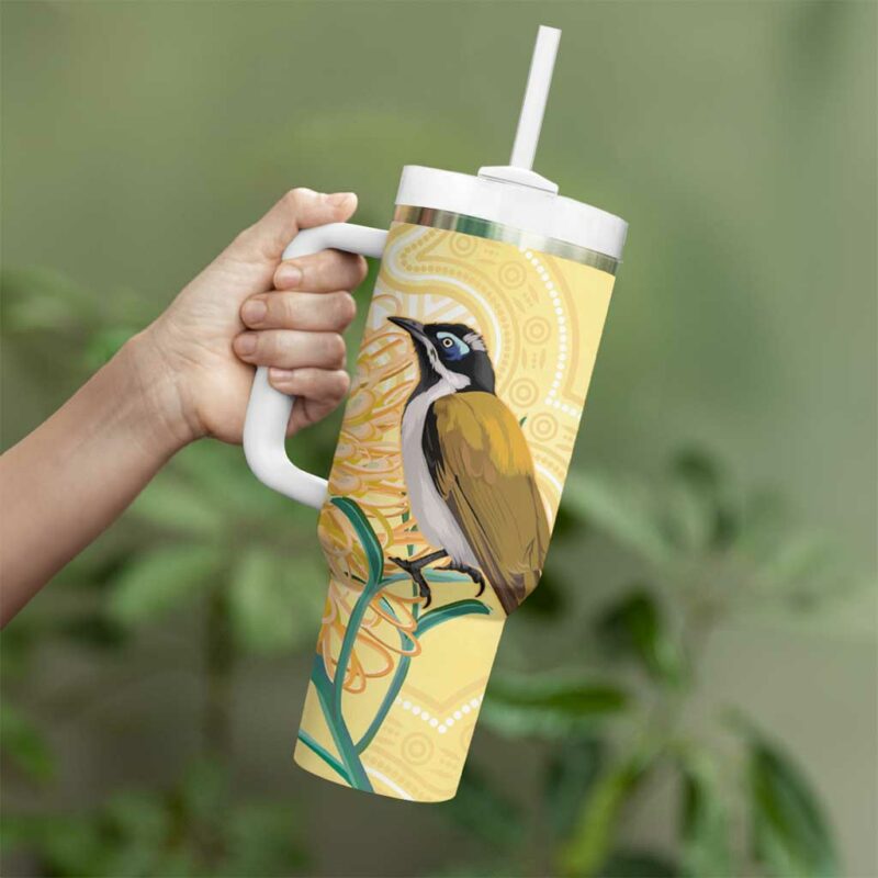 Australia Grevillea And Honeyeaters Aboriginal Art ‚Äì Watercolor Style Custom Stanley Quencher 40oz Stainless Steel Tumbler With Handle - Threewoofs - Image 4