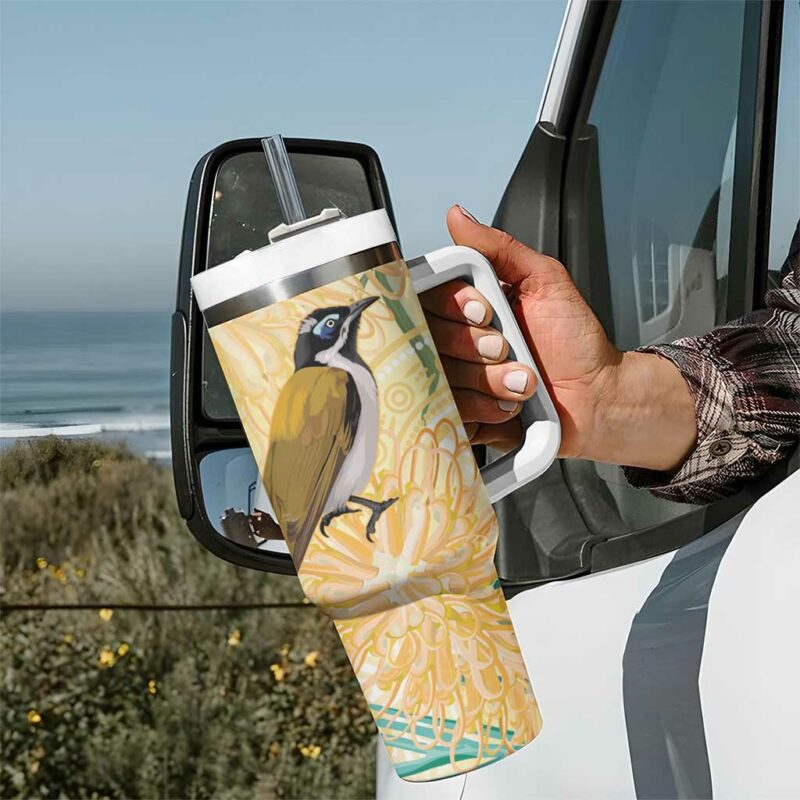 Australia Grevillea And Honeyeaters Aboriginal Art ‚Äì Watercolor Style Custom Stanley Quencher 40oz Stainless Steel Tumbler With Handle - Threewoofs - Image 7