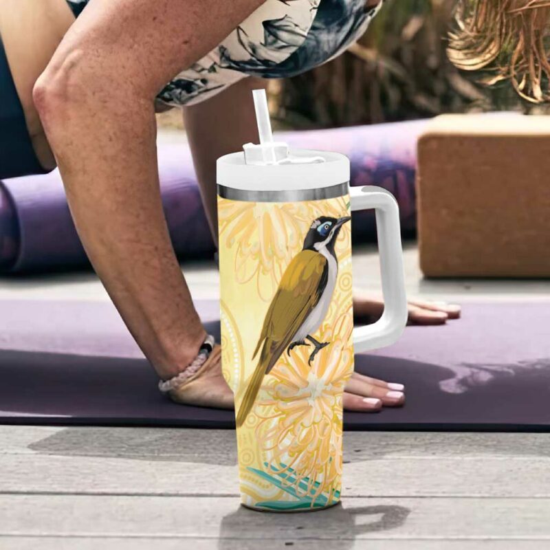 Australia Grevillea And Honeyeaters Aboriginal Art ‚Äì Watercolor Style Custom Stanley Quencher 40oz Stainless Steel Tumbler With Handle - Threewoofs - Image 6