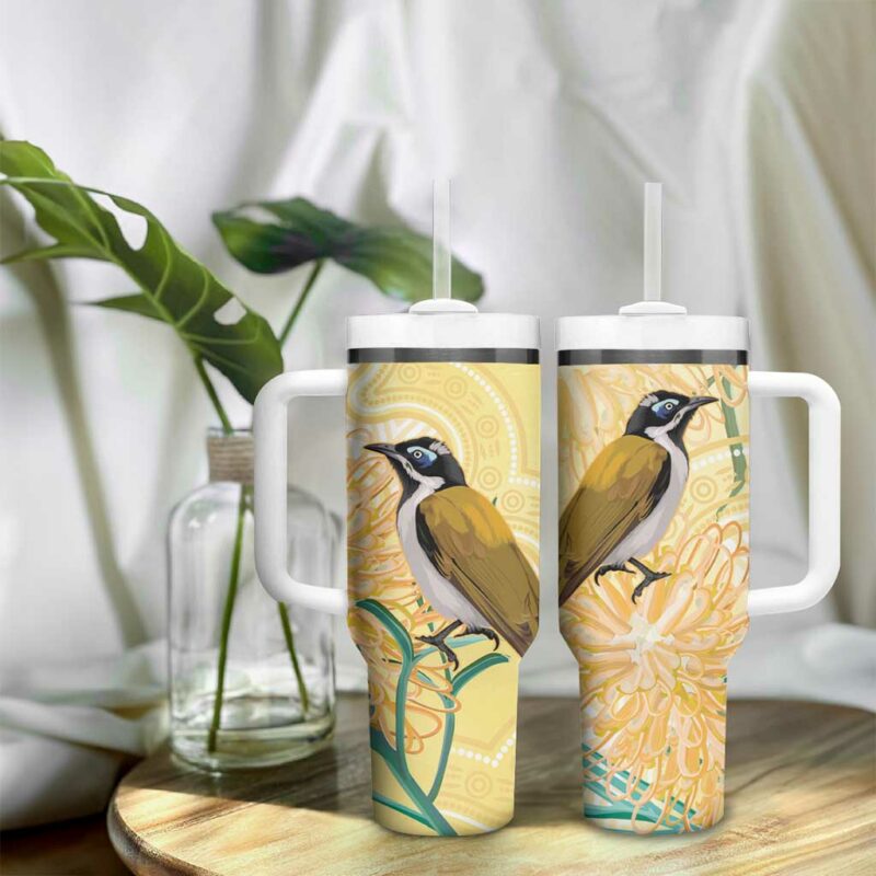 Australia Grevillea And Honeyeaters Aboriginal Art ‚Äì Watercolor Style Custom Stanley Quencher 40oz Stainless Steel Tumbler With Handle - Threewoofs - Image 9