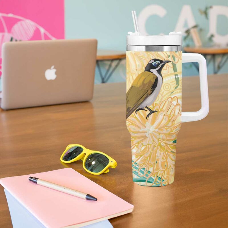 Australia Grevillea And Honeyeaters Aboriginal Art ‚Äì Watercolor Style Custom Stanley Quencher 40oz Stainless Steel Tumbler With Handle - Threewoofs - Image 5