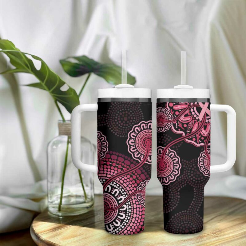 Australia Indigenous Breast Cancer Ribbon Aboriginal Art ‚Äì Black Custom Stanley Quencher 40oz Stainless Steel Tumbler With Handle - Threewoofs - Image 9