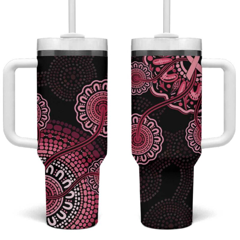 Australia Indigenous Breast Cancer Ribbon Aboriginal Art ‚Äì Black Custom Stanley Quencher 40oz Stainless Steel Tumbler With Handle - Threewoofs - Image 2