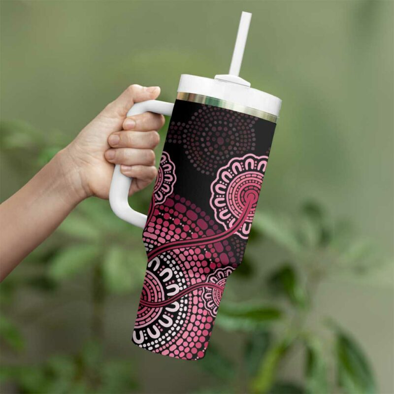 Australia Indigenous Breast Cancer Ribbon Aboriginal Art ‚Äì Black Custom Stanley Quencher 40oz Stainless Steel Tumbler With Handle - Threewoofs - Image 4