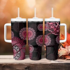 Australia Indigenous Breast Cancer Ribbon Aboriginal Art ‚Äì Black Custom Stanley Quencher 40oz Stainless Steel Tumbler With Handle - Threewoofs