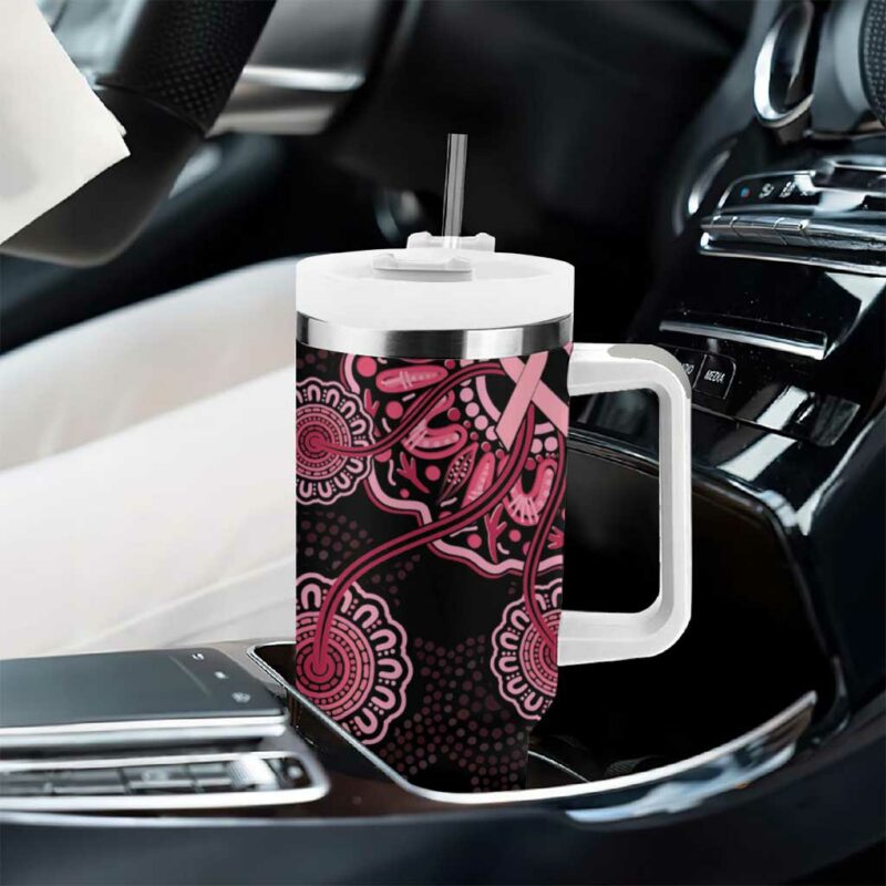 Australia Indigenous Breast Cancer Ribbon Aboriginal Art ‚Äì Black Custom Stanley Quencher 40oz Stainless Steel Tumbler With Handle - Threewoofs - Image 8