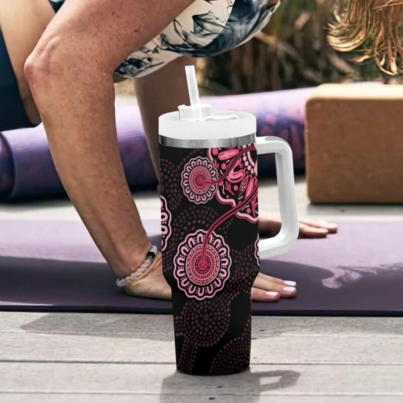 Australia Indigenous Breast Cancer Ribbon Aboriginal Art ‚Äì Black Custom Stanley Quencher 40oz Stainless Steel Tumbler With Handle - Threewoofs - Image 6
