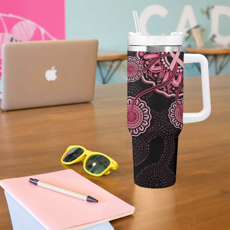 Australia Indigenous Breast Cancer Ribbon Aboriginal Art ‚Äì Black Custom Stanley Quencher 40oz Stainless Steel Tumbler With Handle - Threewoofs - Image 5