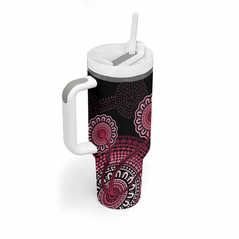 Australia Indigenous Breast Cancer Ribbon Aboriginal Art ‚Äì Black Custom Stanley Quencher 40oz Stainless Steel Tumbler With Handle - Threewoofs - Image 3