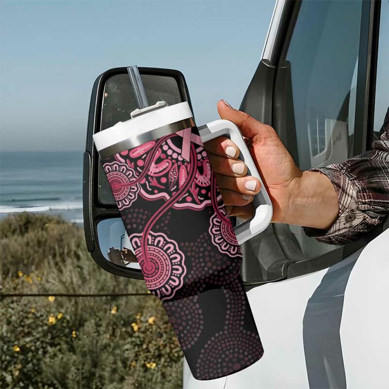 Australia Indigenous Breast Cancer Ribbon Aboriginal Art ‚Äì Black Custom Stanley Quencher 40oz Stainless Steel Tumbler With Handle - Threewoofs - Image 7