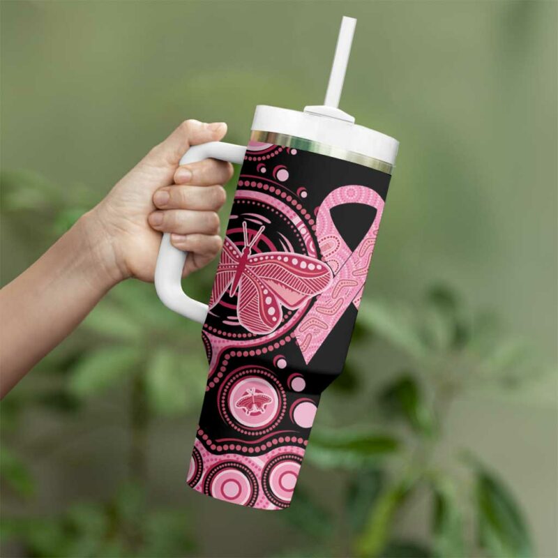 Australia Indigenous Breast Cancer Ribbon Butterfly Aboriginal Arts Custom Stanley Quencher 40oz Stainless Steel Tumbler With Handle - Threewoofs - Image 4