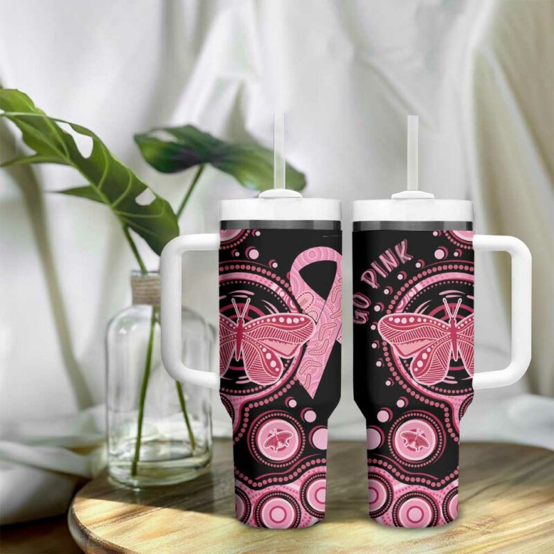 Australia Indigenous Breast Cancer Ribbon Butterfly Aboriginal Arts Custom Stanley Quencher 40oz Stainless Steel Tumbler With Handle - Threewoofs - Image 9