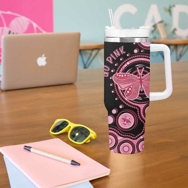 Australia Indigenous Breast Cancer Ribbon Butterfly Aboriginal Arts Custom Stanley Quencher 40oz Stainless Steel Tumbler With Handle - Threewoofs - Image 5