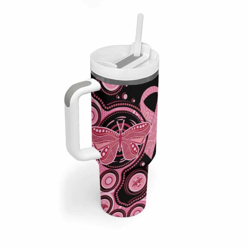 Australia Indigenous Breast Cancer Ribbon Butterfly Aboriginal Arts Custom Stanley Quencher 40oz Stainless Steel Tumbler With Handle - Threewoofs - Image 3