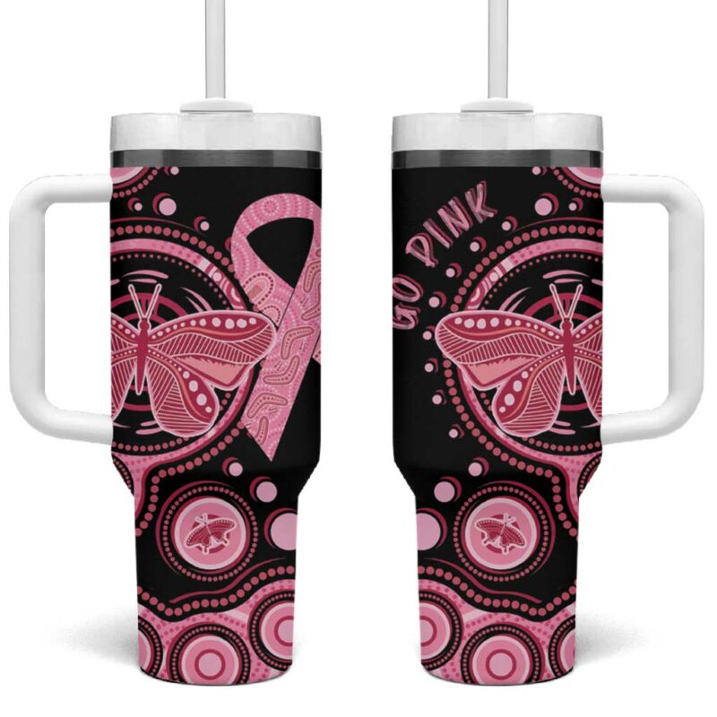 Australia Indigenous Breast Cancer Ribbon Butterfly Aboriginal Arts Custom Stanley Quencher 40oz Stainless Steel Tumbler With Handle - Threewoofs - Image 2