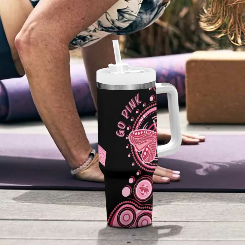 Australia Indigenous Breast Cancer Ribbon Butterfly Aboriginal Arts Custom Stanley Quencher 40oz Stainless Steel Tumbler With Handle - Threewoofs - Image 6