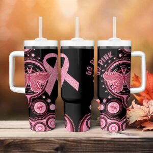 Australia Indigenous Breast Cancer Ribbon Butterfly Aboriginal Arts Custom Stanley Quencher 40oz Stainless Steel Tumbler With Handle - Threewoofs