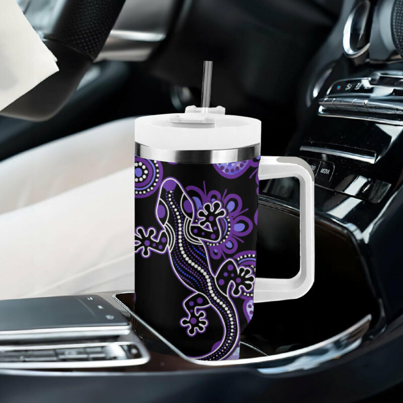 Australia Opal Aussie Lizard With Aboriginal Art ‚Äì Purple Custom Stanley Quencher 40oz Stainless Steel Tumbler With Handle - Threewoofs - Image 9