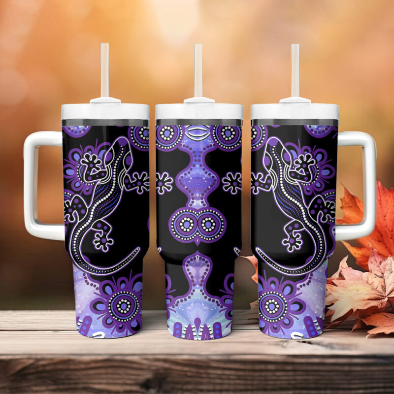 Australia Opal Aussie Lizard With Aboriginal Art ‚Äì Purple Custom Stanley Quencher 40oz Stainless Steel Tumbler With Handle - Threewoofs - Image 5