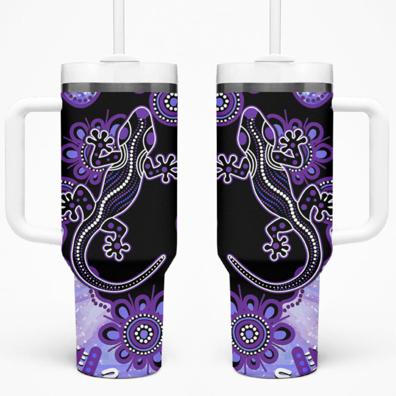 Australia Opal Aussie Lizard With Aboriginal Art ‚Äì Purple Custom Stanley Quencher 40oz Stainless Steel Tumbler With Handle - Threewoofs - Image 2