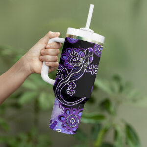 Australia Opal Aussie Lizard With Aboriginal Art ‚Äì Purple Custom Stanley Quencher 40oz Stainless Steel Tumbler With Handle - Threewoofs