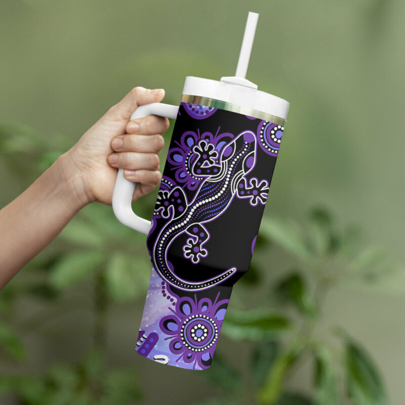 Australia Opal Aussie Lizard With Aboriginal Art ‚Äì Purple Custom Stanley Quencher 40oz Stainless Steel Tumbler With Handle - Threewoofs